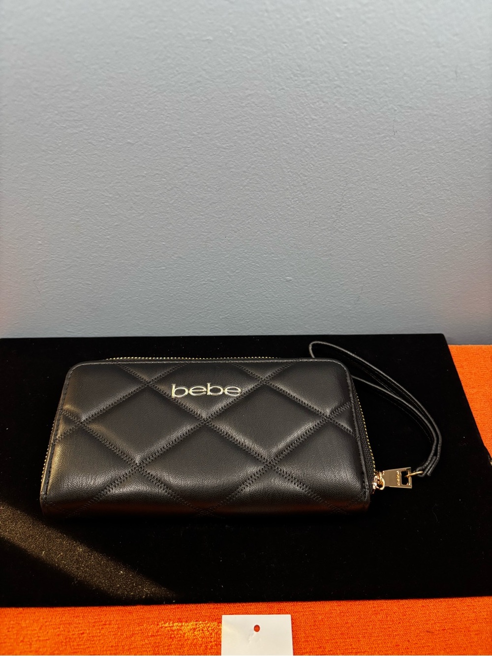 One Off Prototype bebe Quilted Black Wristlet with Gold Logo